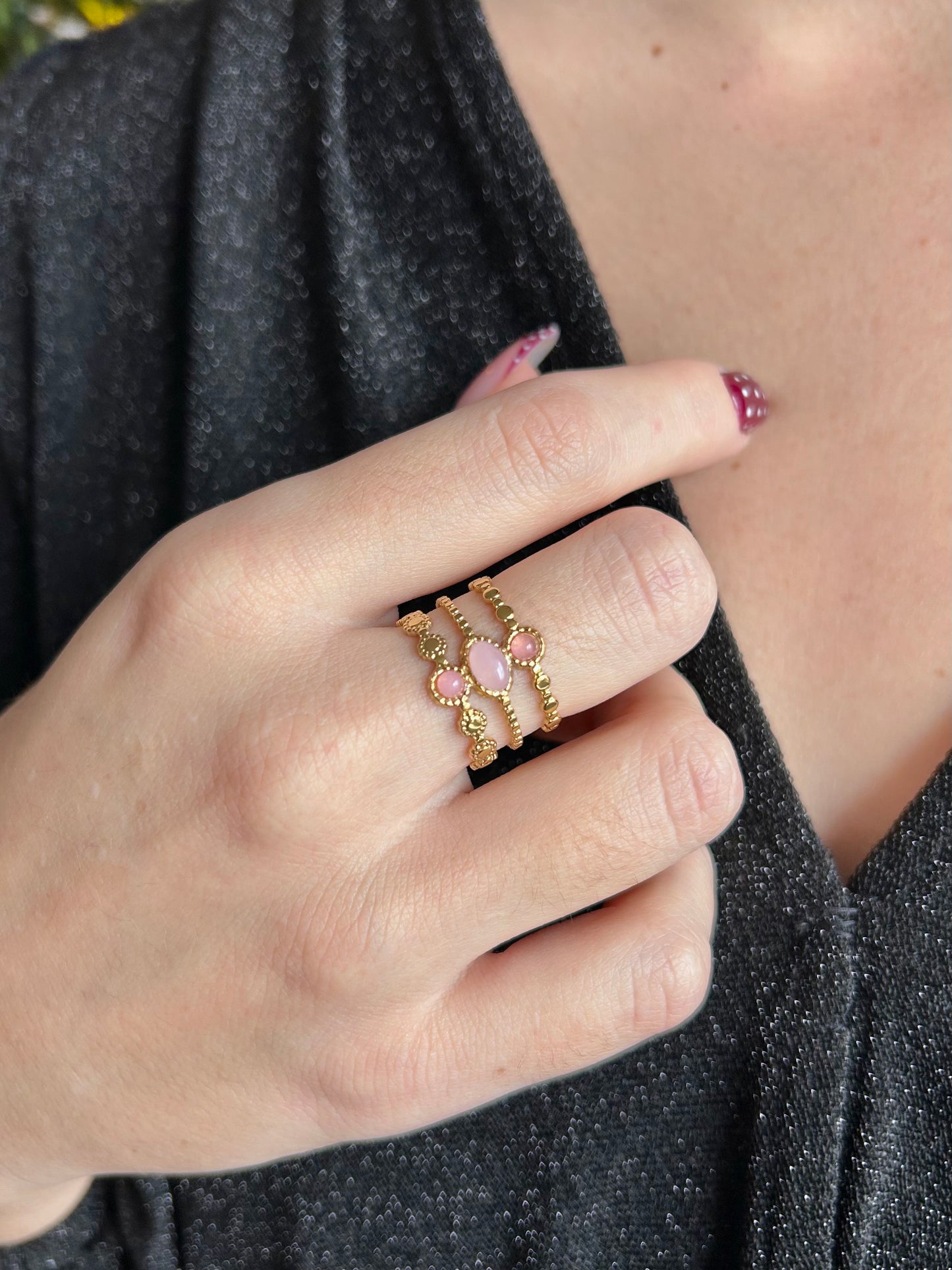 Bague 3 rangs pierres naturelles